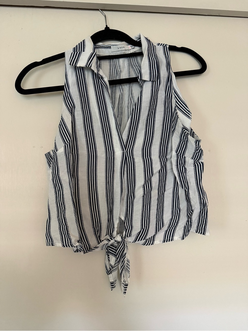 Lush White and Navy Striped Tie-Front Sleeveless Top